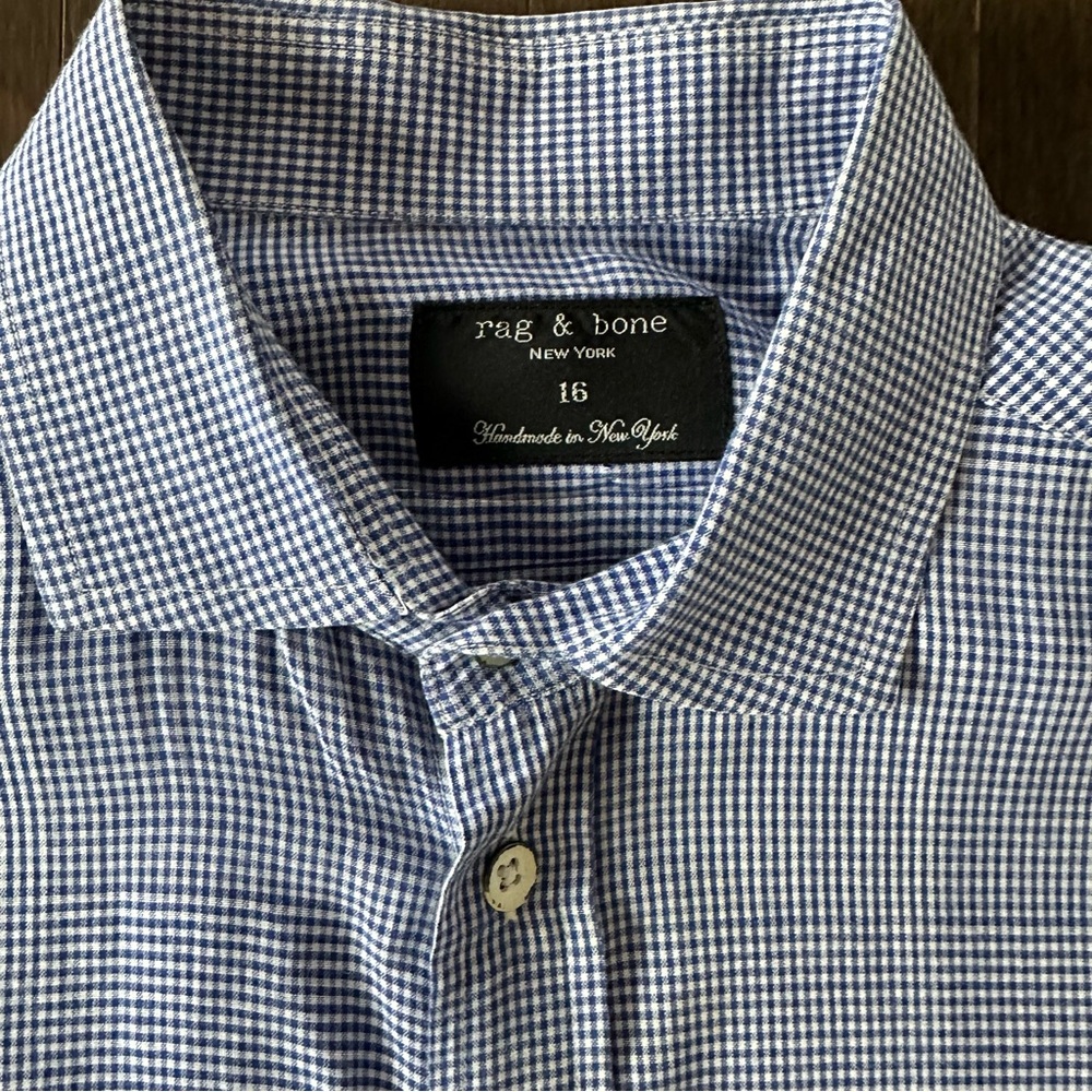 Rag & Bone Men's Botton Down Shirt Blue White Checkered Business Casual 16 - Picture 2 of 9